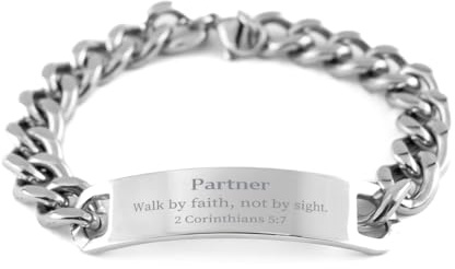 Stainless Steel Cuban Chain Partner Bracelet Walk by Faith Inspirational Christmas Gifts for Him