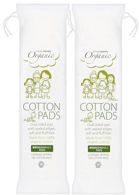 Simply Gentle Organic Cotton Pads - Perfect for Sensitive Skin - Pure Cotton Pads for First Aid - Free from Odours or Irritants - Round Shape, Disposable - 100 Count (Pack of 2)