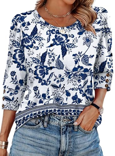 Aokosor Ladies Tops for Womens 3/4 Sleeve Tops Ladies Blouses Crew Neck Puff Sleeve Tunic Fashion T Shirt Button Sleeve Blue National Pattern Size 10-12