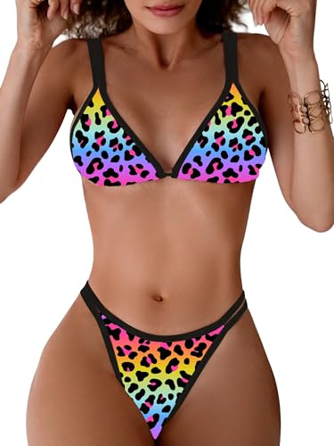 TASHEHE Ensemble Bikini pour Femme, Coupe Haute, Double Bretelles, Maillot de Bain Triangle Mignon, Taille Haute, Maillot de Bain Deux pièces, Léopard arc-en-ciel/402, Taille S