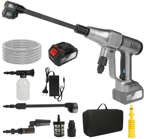 Hidrolimpiadora Bateria 21V Máx 200 Bar - Hidrolimpiadora de Alta Presion con Bateríe de 15000mAh, Pantalla LCD de Potencia y de 3 Velocidades, para Limpiar Coches, Suelos, Plata (con 1 Batería)