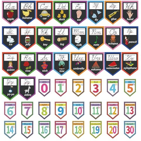 48 st A-Z alfabet och siffror klassrum displayset | kursiva bokstäver bildande affischer för EYFS, KS1 & grundskola | tidiga år inlärningsresurser | UK lärartillbehör | väggdekor