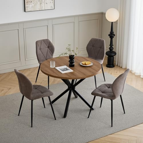 GrandCA HOME Set Tavolo e Sedie da Pranzo, Tavolo da Pranzo Rotondo da 100 CM e 4 Sedie Moderne in Lino, per Sala da Pranzo, Cucina, Soggiorno (Buio + Marrone)