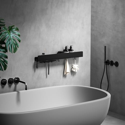 REKITA Mensola doccia senza foratura, organizer da bagno 60 cm, ripiano doccia in acciaio inox con 5 ganci rimovibili, supporto shampoo per doccia, mensola sospesa, mensola da bagno nero