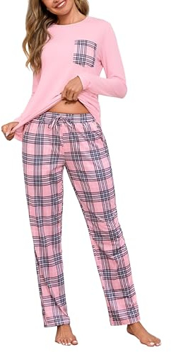 Aseniza Pyjama Femme Hiver Coton Ensembles de Pyjama Femmes Chauds Manches Longues Vêtements de Nuit Pantalon à Carreaux Loungewear 2 Pièces