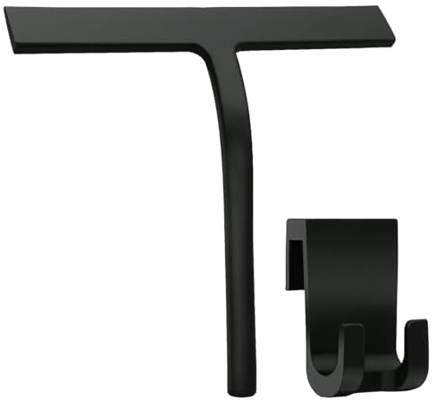 Tergivetro per Doccia, Tira Acqua da Doccia con Gancio, Pulisci Vetro Doccia Anima Acciaio Inox per Finestre, Specchi, Bagno Pulire Superfici Lisce, Senza Foratura, Supporto Incluso (Nero, 23 cm)