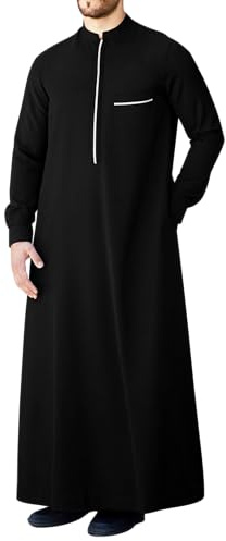 LVCBL Herren Leinen Kaftan Baumwolle Langarm Bademantel Thobe Schwarz XL