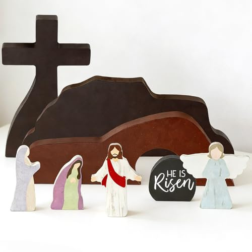 JULEASEL Easter Empty Tomb Set – 8-Piece Wooden Resurrection Scene with Cross & Figures, He Is Risen Christian Easter Decor, Color-Printed Tabletop Display Religious Decorations for Home Office Church