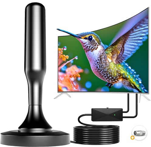 Indoor TV Aerial with Signal Booster, Digital Aerials for Smart TVs with Long Range Reception - Portable TV Antenna for 4K/1080P Freeview Channels - Includes Magnetic Base & 16.4ft Coaxial Cable