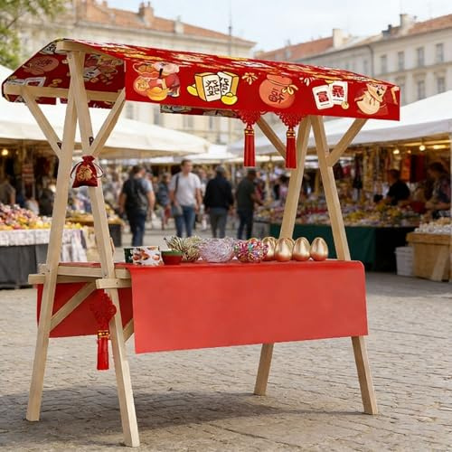 Puesto De Mercado Portátil De Madera Cubierto De Tela, Carrito Plegable para Vendedores Ambulantes con Toldo, Venta Callejera, Mercadillos(Mahjong,47.2in/120cm)