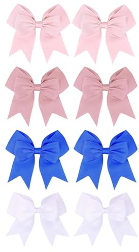 8-Piece Double-Layer Ribbon Bow Hair Clip Set in 4 Colours - Sweet Light Pink, Deep Pink, Blue & White Ribbon Hair Accessories for Women, Secure Clip for Ponytails, Braids, Buns