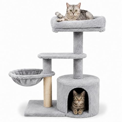 Árbol para Gatos 83 cm, Torre Rascador para Gatos con Cama Superior, Cesta, Cueva y Poste de Sisal, Centro de Actividades para Escalar, Jugar, Rascar y Descansar (Gris, 83 cm)