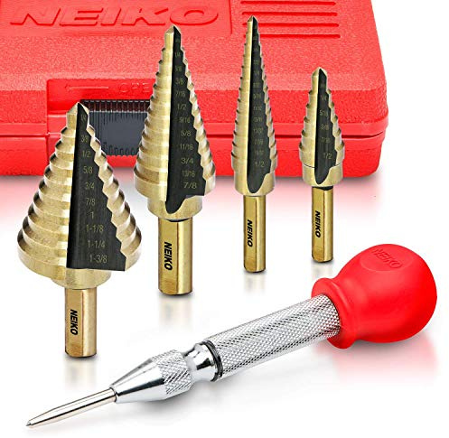 NEIKO 10169A Step Drill Bit Set and Automatic Center Punch | 5 Piece, 41 SAE Sizes Total, 1/8” – 1-3/8” | Titanium High Speed Steel Unibit, Stepper Cone Drill Bit | Two Flute Step Down Bits