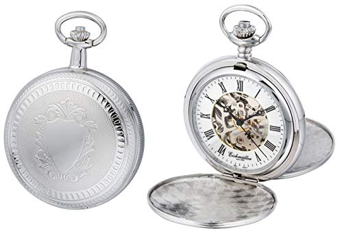 Eichmüller mechanische Edelstahl Skelett Taschenuhr Silber mit Kette und Etui, Handaufzug mit ca. 40 Stunden Gangreserve
