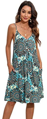 Enmain Womens Summer Dress Spaghetti Strap Dresses Casual Knee Length Swing Floral V Neck Sleeveless Dress with Pockets for Beach Hawaii S-2XL