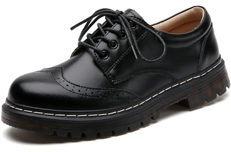 Womens Platform Wingtip Flat Oxfords Cozy Lace up Brogues Shoe Comfortable Leather Saddle Shoe Black US 8