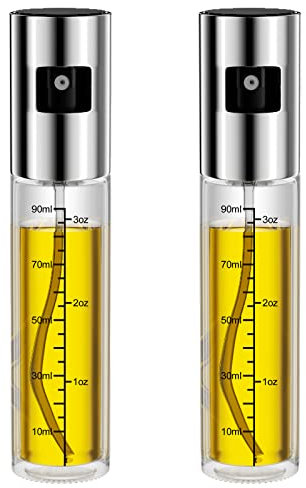Firschoie 2 Öl Sprayer, Ölsprüher Flasche, 100ml Ölsprüher für Kochen mit Skala, Durchsichtige nachfüllbare Öl- oder Essigspenderflasche, Geeignet zum Kochen, Grillen, Backen, Salate(Silber)