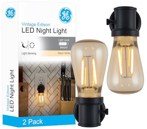 GE Vintage LED Edison Night Light, Plug-in, Dusk to Dawn, Farmhouse Decor, Mood Lighting, Home Decor, Ambient Lighting, LED Lights for Bedroom, Bathroom, Kitchen, Hallway, Black, 2 Pack, 71349