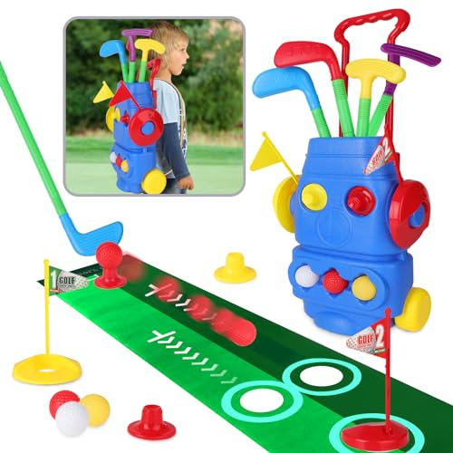 deAO Golf Set Spielzeug für Kinder, Tragbares Sporting Golf-Set Kinder Golf Clubs Golfset mit 4 Golfschlägern 3 Bällen Putting Matte Übungslöchern, Golfbällen Wagen Kinder Golfkoffer Jungen, Mädchen