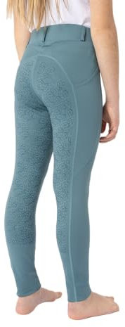 HORZE Kinder Reitleggings DEA, Reithose Mädchen, Gürtelschlaufen, Vollbesatz, Handytasche, Blau, 122/128