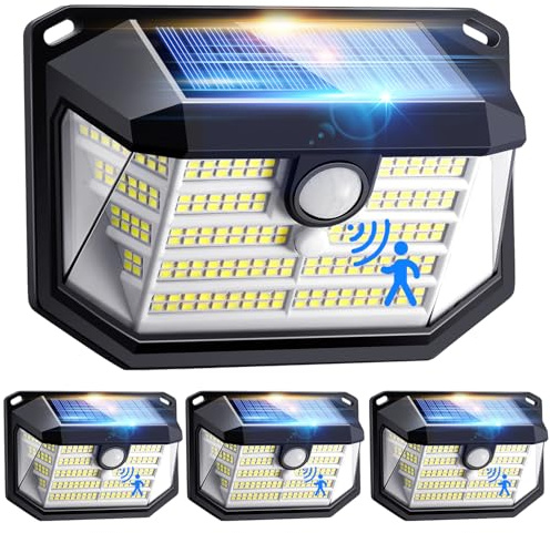 PIKOY Solar Security Lights Outdoor Motion Sensor [4PACK], 230LED 270° 3 Modes Solar Lights Outdoor Garden Fence IP65 2000mAh