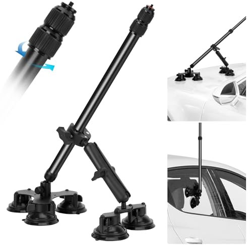 Vasgather Bilfäste med sugpropp för Insta360 X4/X3/X2/GO2/3S kombinerbar med 360 yttre kamera med 47 tum osynlig selfiepinne 5-i-1 sugkamerafäste för actionkamera (med låsande selfiepinne)
