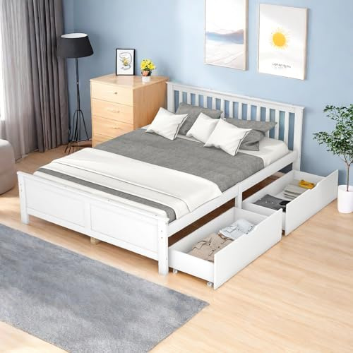 Autheria Letto 140x200 cm con 2 Cassetti, Letto matrimoniale in legno massello futon, Letto in legno massello con Testiera e rete a doghe, Letto una piazza e mezza, Struttura Letto Matrimoniale