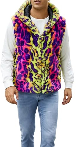 Loalirando Veste de Gilet Homme avec Capuche en Fourrure Synthérique, Veste Doublée Polaire Chaud Imprimé Léopard ou Serpent