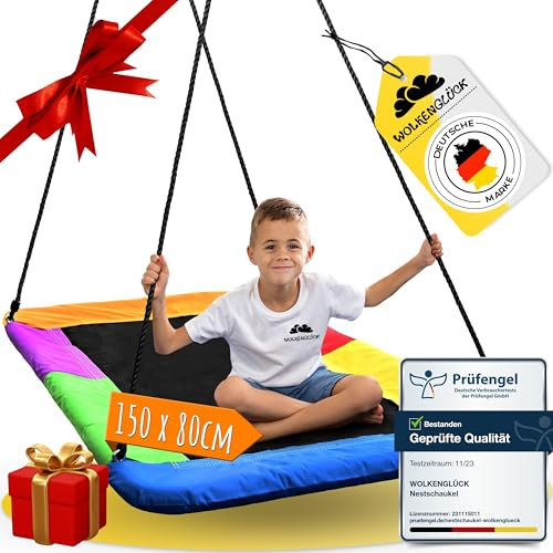 WOLKENGLÜCK® 3-in-1 Nestschaukel eckig [150x80 cm] - Höhenverstellbare Schaukel Outdoor & Indoor für Kinder und Erwachsene [belastbar bis 200 kg] - Netzschaukel mit 3 Aufhänge-Varianten