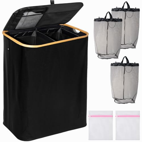 Wäschekorb schwarz 140L – Faltbar & mit Deckel – 2 Fächer + 3 Wäschesäcke & 2 Waschnetze – Aus Oxfordstoff 600D – Wäschesortierer & Wäschetruhe für Bad, Schlafzimmer & Haushalt