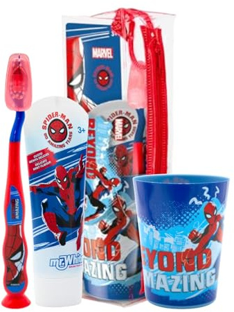 Marvel Spiderman Kids Toothbrush Set Gift | BPA-Free | Extra Soft Bristles Toothbrush with Protection Cap, Suction Cup, Mint Flavour Toothpaste, Multi-Purpose Cup, Toiletry Bag for Children Aged 3-12