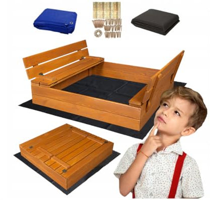 Bac à sable avec banc, 100 x 100 cm, couverture, bois imprégné, bac à sable pour enfants, aire de jeux