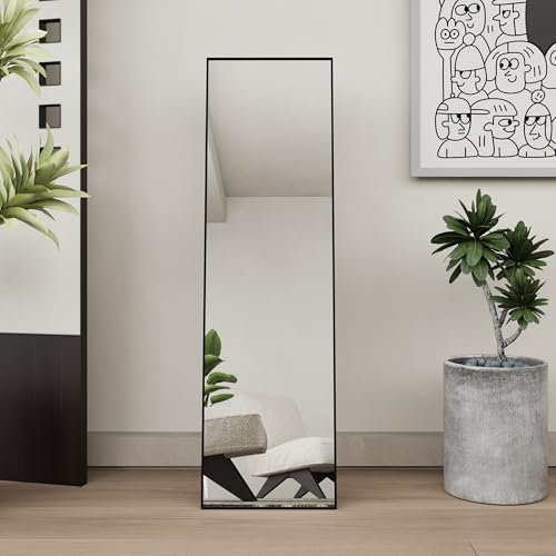 Miroir sur Pied 150x40 cm, Miroir de Sol rectangulaire Pleine Longueur, Miroir Mural à Suspendre ou à Poser, avec Cadre en Aluminium Noir, pour Salle de Bain, Chambre, Entrée (Noir, 150x40 cm)