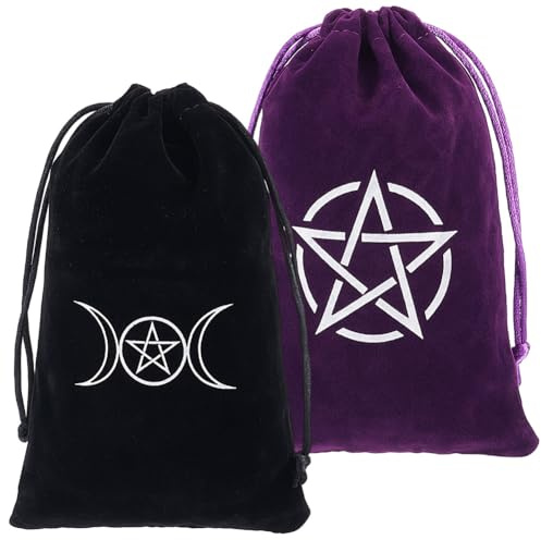 CREATCABIN 2Pcs 2 Styles Tarot Card Storage Bag Velvet Tarot Pouch Black Purple Drawstring Star Moon Divination Dice Cards Protective Holder Packing Pouches for Jewelry Crystal Small Items 7.1 x 4.7In