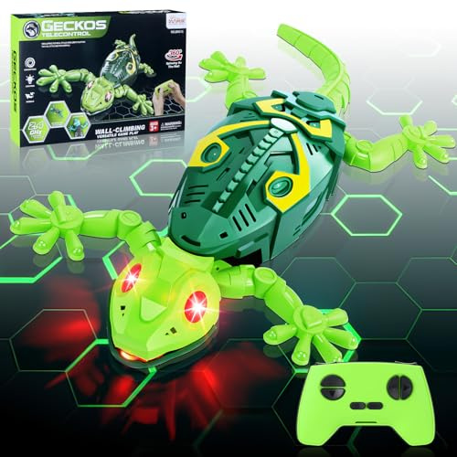 Charmofun Lagartija Teledirigida, Lagarto Teledirigido con Ojos Led Luminosos, Lagarto Trepador de Paredes, Movimientos Realistas, Dirección Ajustable, Juguete Regalos para Niños 4+ Años (Verde)