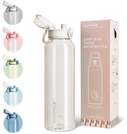 UZSPACE Water Bottle 1l with Handle - BPA Free Drinking Bottles for Adults - Clear Water Bottle with Capacity Scale - Leakproof Gym Bottles - Ideal for Sports or Fitness & Outdoors Frost White