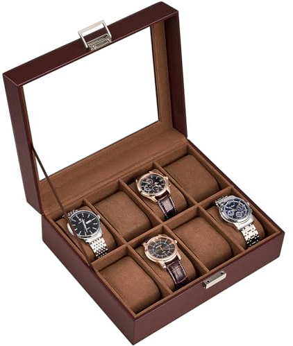 ProCase Porta Orologi Uomo a 8 Posti, Scatola Orologi in Pelle, Custodia Orologi con Coperchio in Vetro, Idea Regalo Portagioie Uomo Organizer per Orologi -Espresso