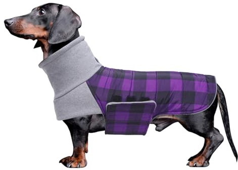 Geyecete Impermeabile Cappotto Bassotto cane,Giacca invernale per bassotto,Regolabile Caldo pullover per Cani,Collo Alto Cappotto da cucciolo,Stile Quadri Inglese-Viola Quadri-M