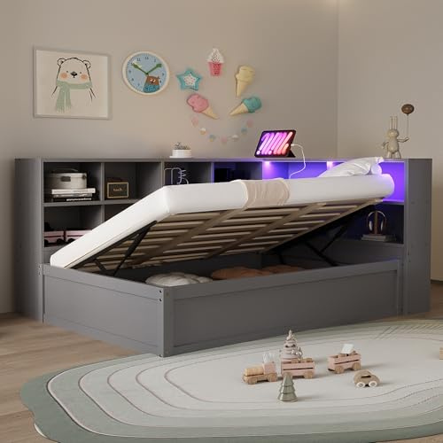 Soweiz Sofá cama de 90 x 200 cm, cama de madera maciza con enchufe múltiple y varios compartimentos de almacenamiento, cama de madera multifuncional con barra de luz, cama hidráulica, cama individual