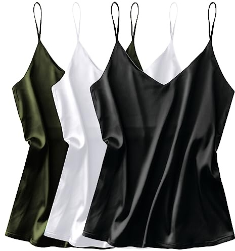 Ekouaer 3-pack dam satin undertröjor linne siden Cami Camisole spagettiremmar basic topp ärmlös blustopp S–XXL, Svart vit grön Gp13, L