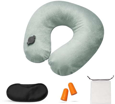 Almohada de Viaje Hinchable Inflable Cojin Cervical Viaje Cervical Ultraligero y Compacto incluye Máscara de Dormir tapones para los oídos y bolsa de transporte para avión tren coche y oficina (gris)