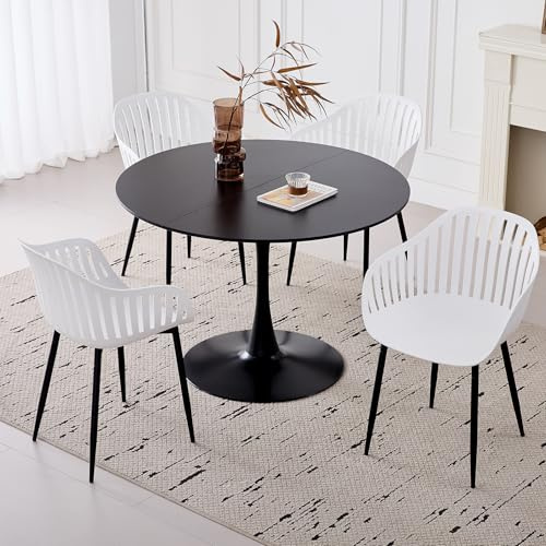 GrandCA HOME Conjunto de Mesa y Sillas de Comedor Modernas, Mesa Redonda de 110 CM con 4 Sillas, Patas de Metal Negro, Ideal para Sala de Estar, Balcón o Jardín (Blanco)