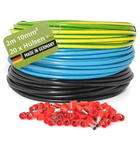 INVOLT H07V-K kit 10mm² 3x2m noir/bleu/vert-jaune, 20 embouts, VDE, Fabriqué en Allemagne