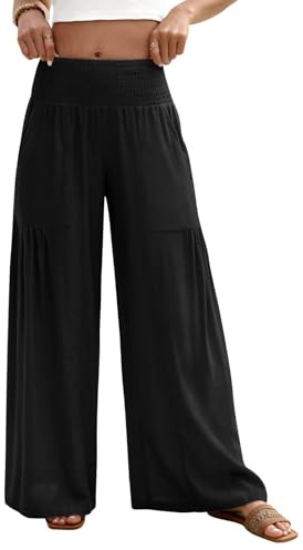 Fashora Pantalones Mujer Verano Pantalon Lino de Algodón Ligero Causal Anchos Pantalones Cintura Alta Elástica Cómodos Flojo Playa Pantalón Fluido Largos con Bolsillos (Negro, XL)