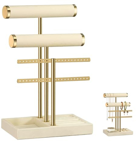 3 Tier Bracelet Holder Display with Ring Tray, T Bar Beige Velvet Bracelet Holder, Jewellery Stand with Perforated Earring Metal Rods, Jewelry Holder Organizer for Bracelet, Necklace, Watches, Rings