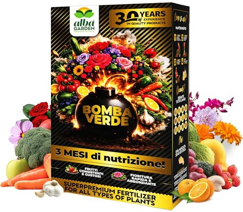 Albagarden - BOMBA VERDE - Concime Granulare NPK 14-6-16 - Concime a lenta cessione per orto, giardino, siepi, prato, alberi e piante in vaso - per tutto l’anno - 1kg