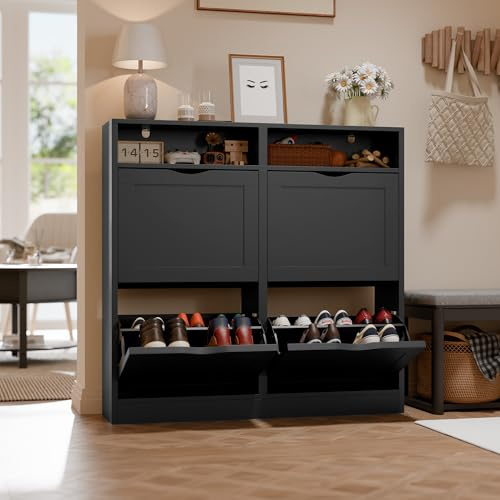 ELUCHANG Scarpiera Salvaspazio Slim in Legno, 4 Porte / 8 Ripiani con Divisore Regolabile, Scarpiera Armadio per Scarpe Moderno, per Ingresso, Salotto e Corridoio, Nero, 100x24x100cm