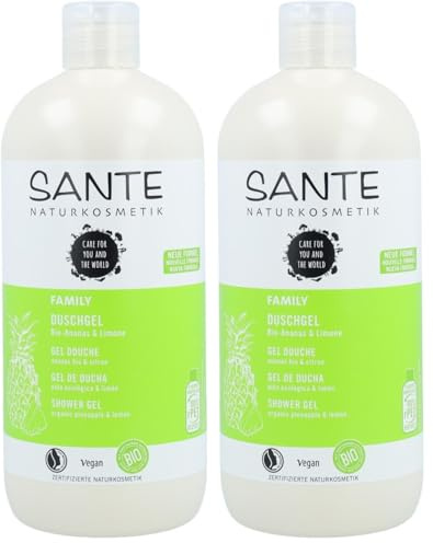 Sante Naturkosmetik Naturkosmetik - Gel de ducha orgánico de piña y lima, tamaño familiar de 500 ml, con dispensador, aroma afrutado y fresco, vegano, sin microplástico, para mujeres y hombres