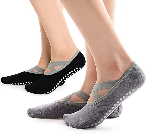 Hually Yoga-strumpor, 2 par yoga pilates strumpor för kvinnor med grepp och remmar, lätta att sätta på, bomull pilates strumpor för pilates, barre, balett, dans, barfota träning (svart och grå), Grå,