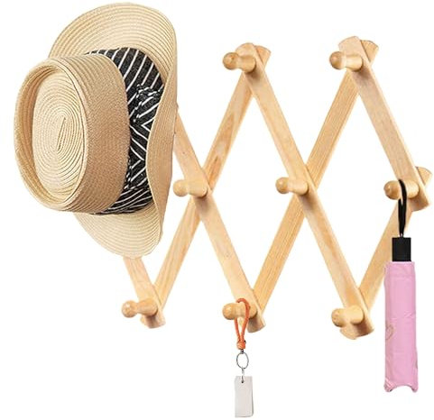YUEMING Garderobenhaken mit 10 Haken, Wandgarderobe Faltbarer Kleiderhaken aus Holz für Jacken, Mäntel, Schals, Handtaschen, Hüte u. Mehr, Design Garderobenleiste Ausziehbar